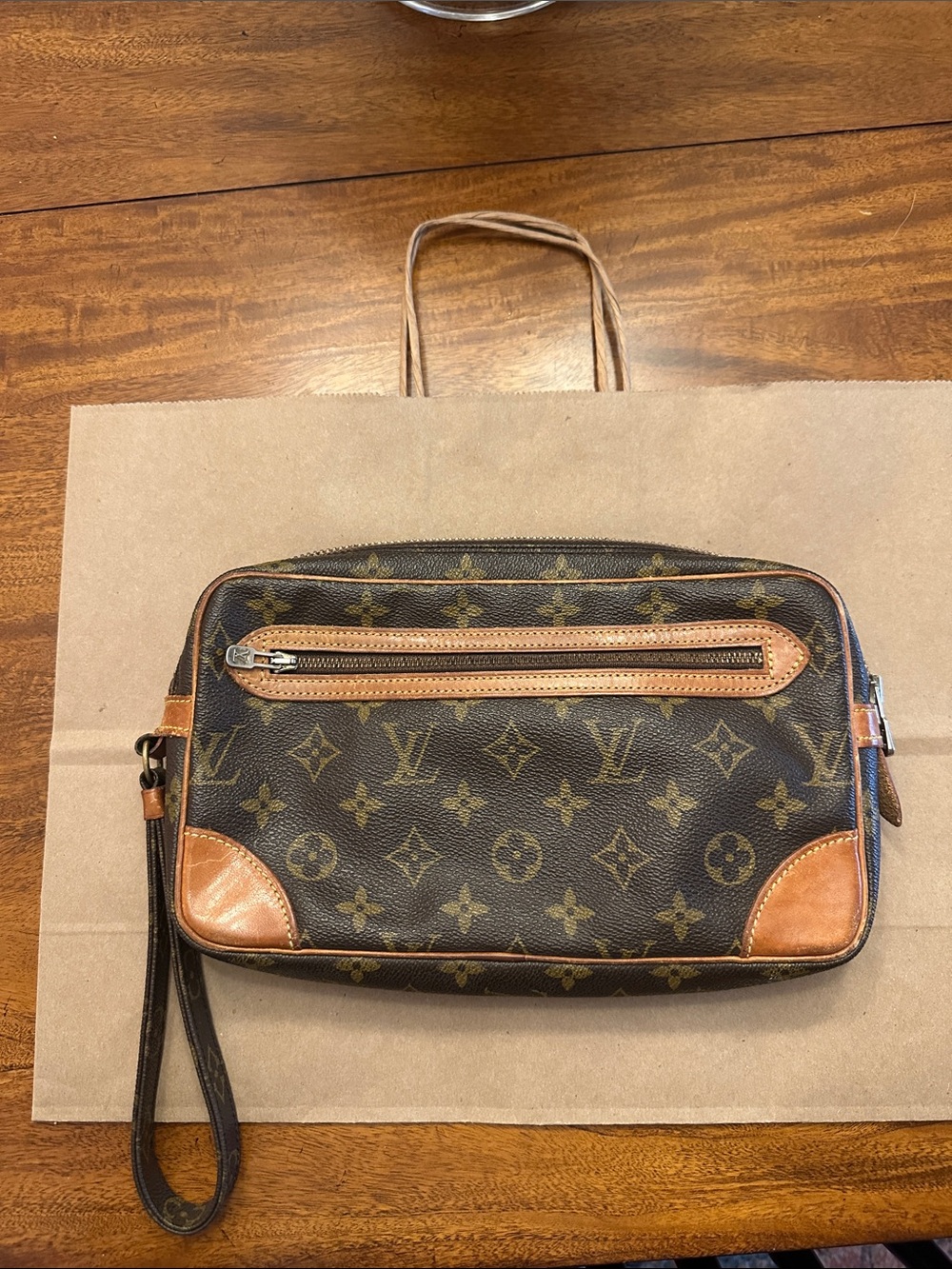 Louis Vuitton Brown Monogram Canvas  Wristlet with Tan Trim